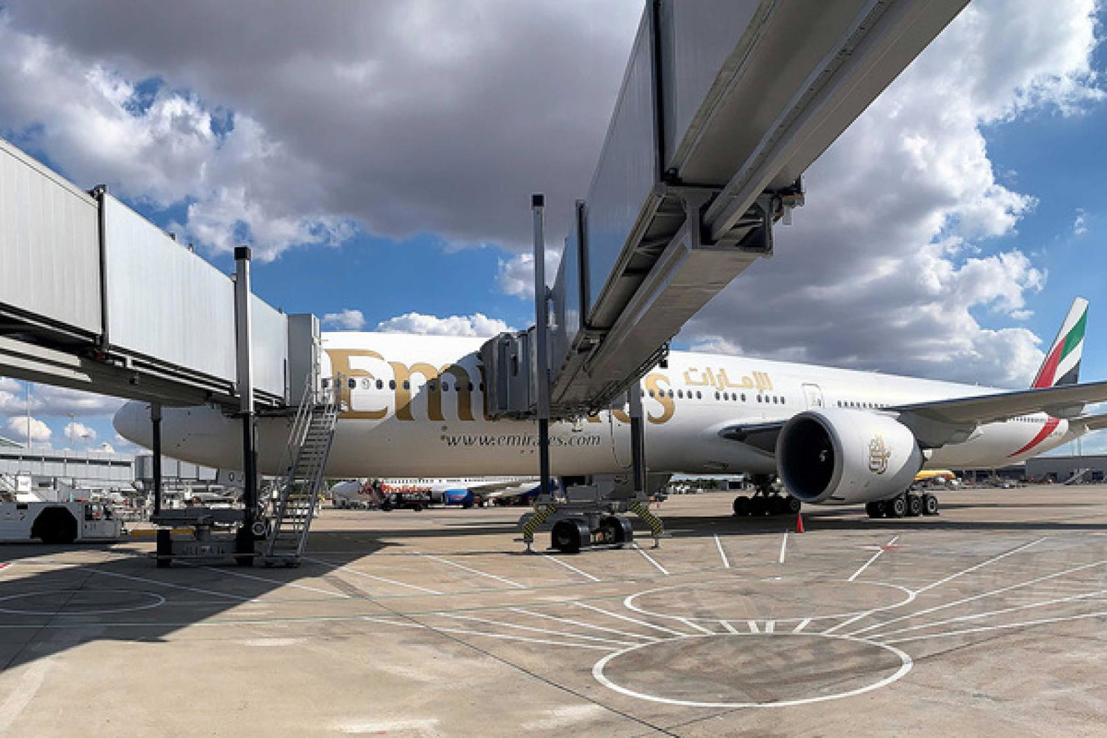 Emirates' Stansted flights use a new double airbridge
