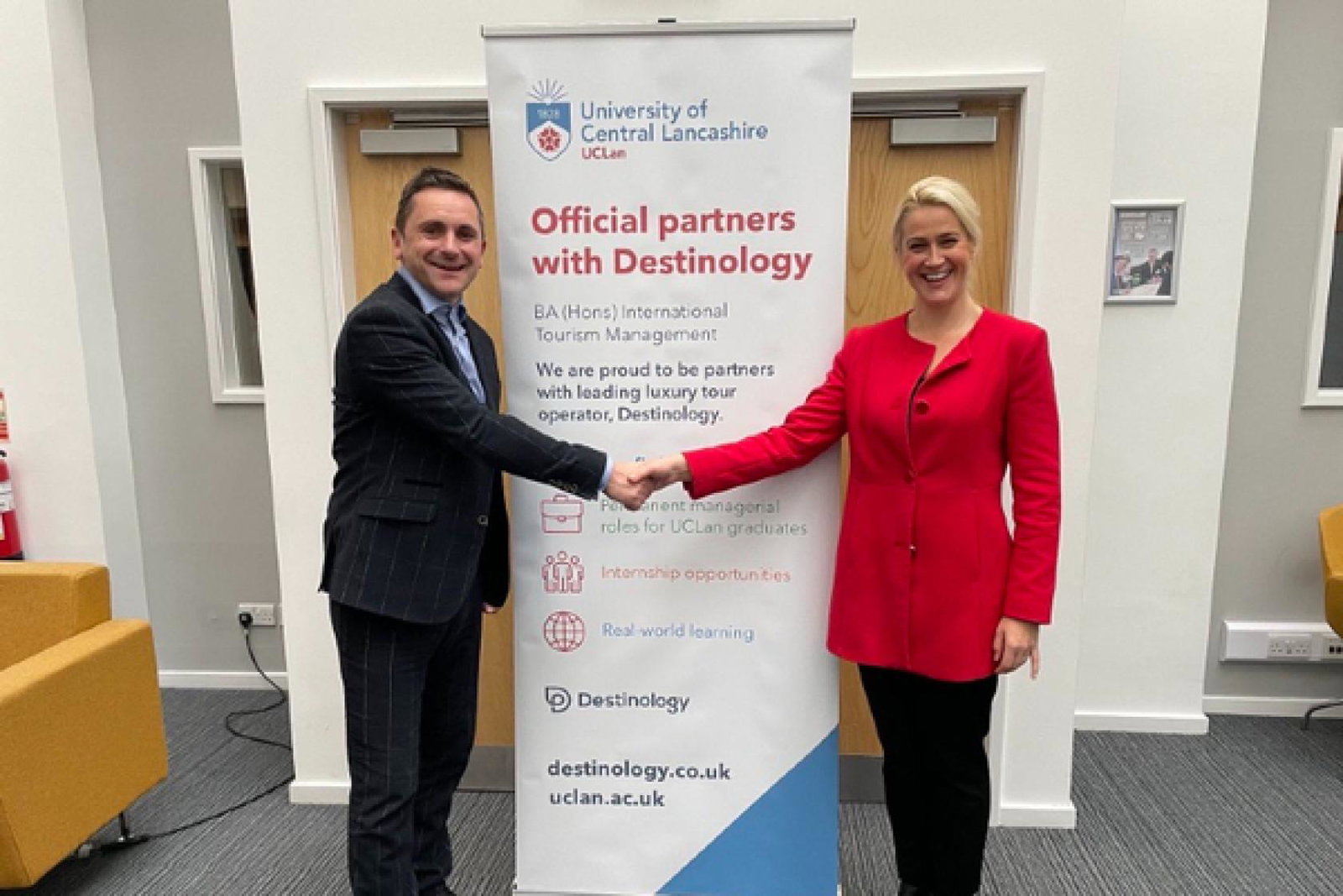 Ryan Johnston, Destinology managing director (left), with Carley Sutton, international tourism management course leader at UCLan