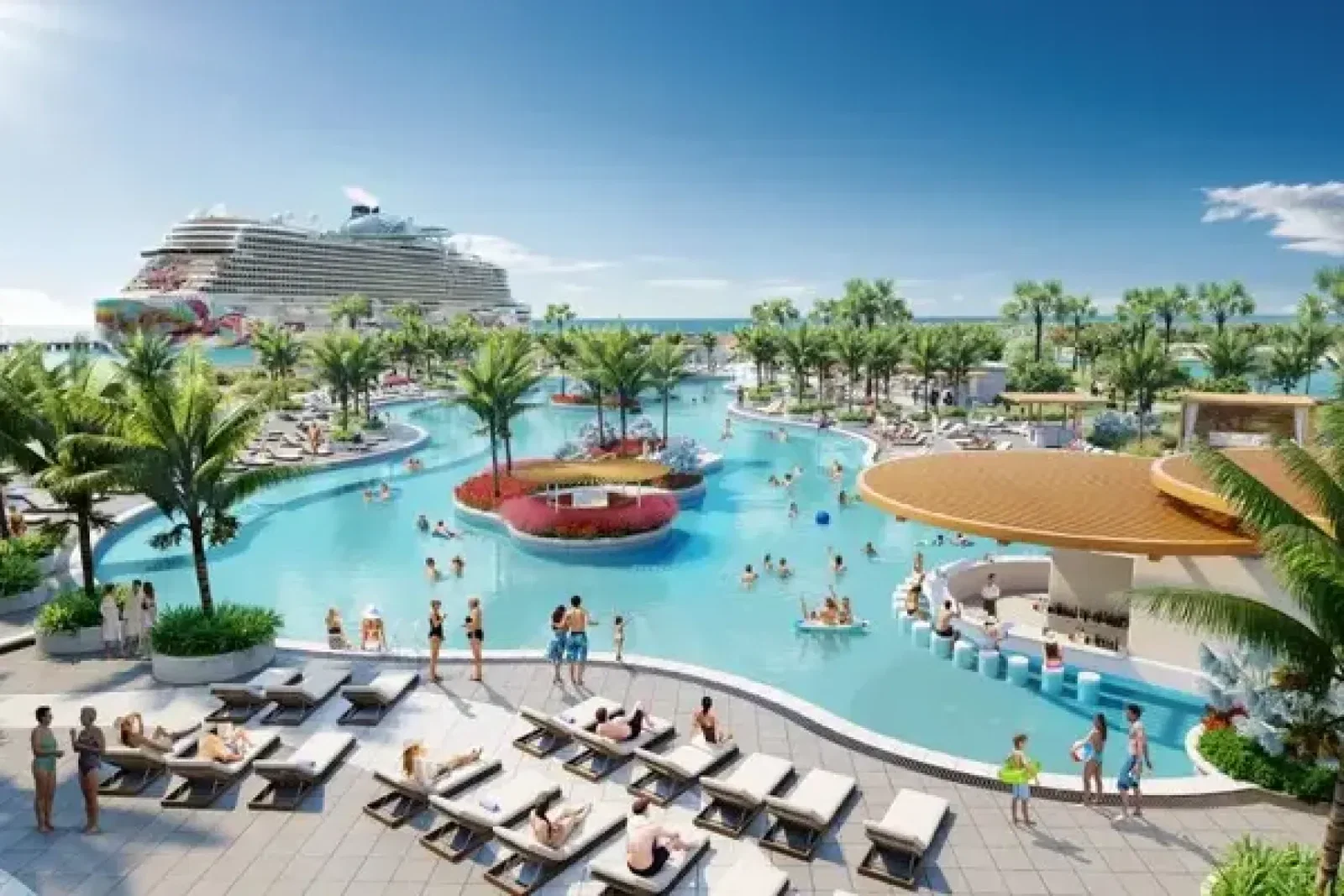 Great Stirrup Cay April 2025 greatstirrupcaypoolareawithnorwegianaqua pool area norwegian aqua NCL (Credit: NCL)