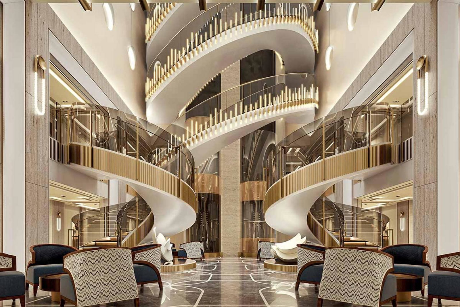 The glass ceilinged Starlight Atrium onboard Seven Seas Prestige