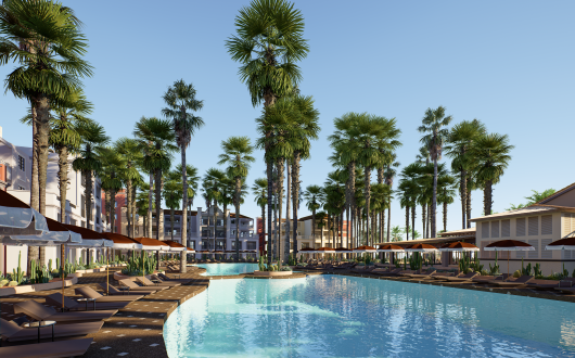 Pool area with sunbeds and palm trees 