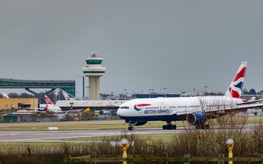 A British Airways flight prepares to depart Gatwick airport
