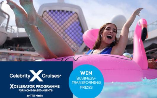 Woman sitting in pink inflatable flamingo in pool