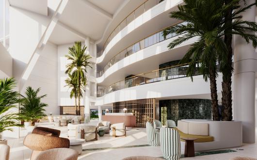 Artist impression of new hotel lobby, with white balconies and trees