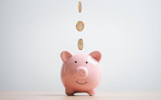Coins falling into a piggy bank
