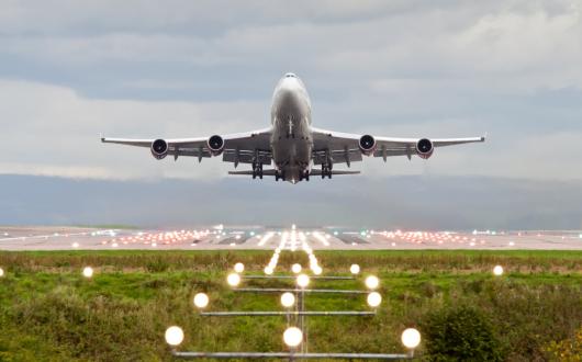 An aircraft takes off from Manchester airport