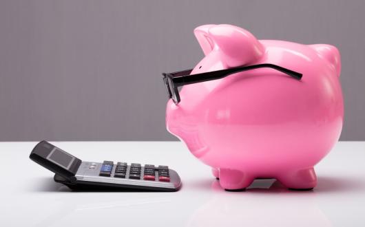 A biggybank pig wearing spectacles looking at a calculator