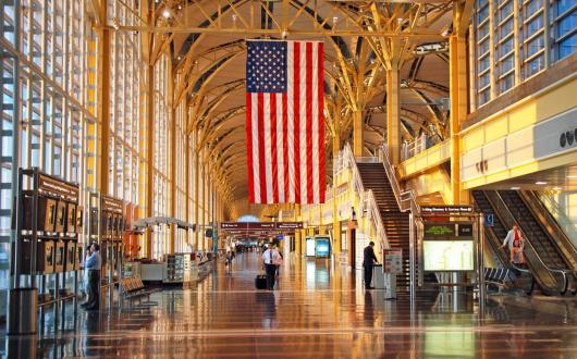 Ronald Reagan Washington National airport with US flag draped