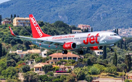 A Jet2 plane taking off in Corfu, Greece