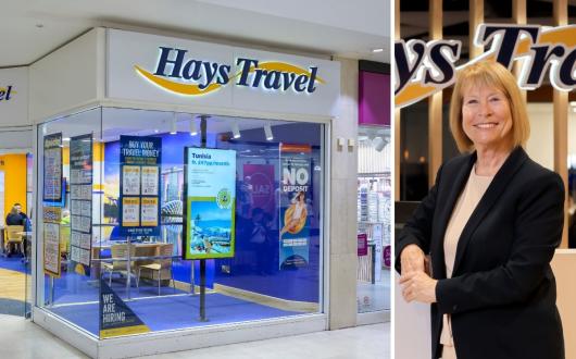 Hays Travel owner and chair Dame Irene Hays pictured with a Hays Travel store