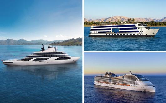 A collage of cruise ships from Four Seasons, Travelmarvel, and MSC Cruises