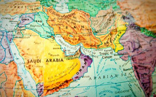 Map of the Middle East highlighting Iran, Saudi Arabia, the Gulf region and eastern Med