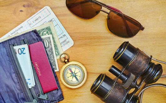 Holiday essentials including passport, money, sunglasses and binoculars