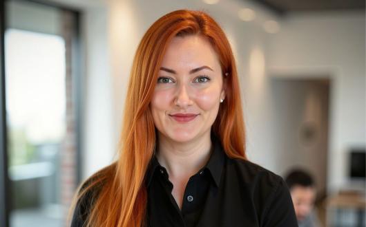 White woman with long, straight red hair and black shirt smiling at camera