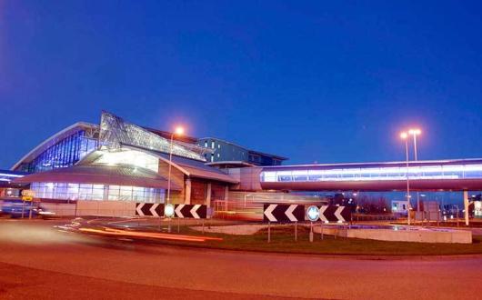 Manchester Airport Rail Station exterior night