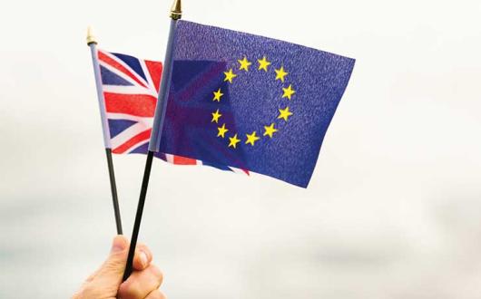 Brexit, Union Jack and EU flags iStock-534449694