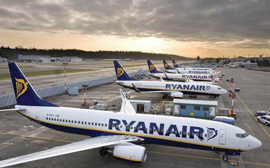 Ryanair aircraft lined up on stands