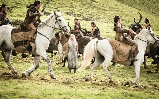 Daenarys Targaryan with the Dothraki on set in Northern Ireland