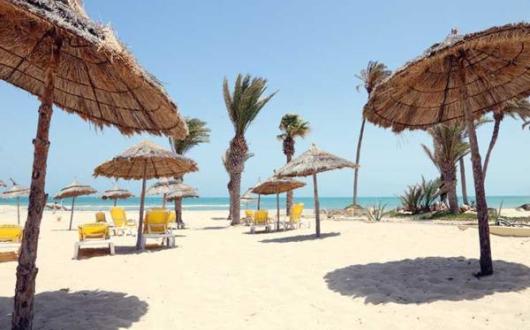 Tunisian beach, sun loungers and parasols
