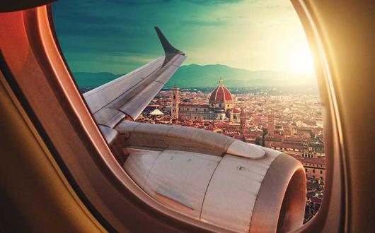 Mediterranean city through an aircraft window