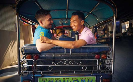 Thailand, tuk tuk and male couple