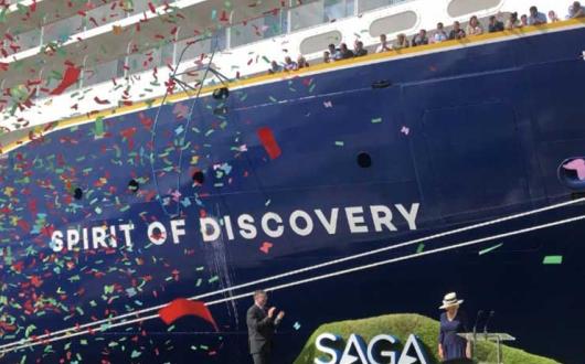 Camilla Duchess of Cornwall christens Saga Spirit of Discovery