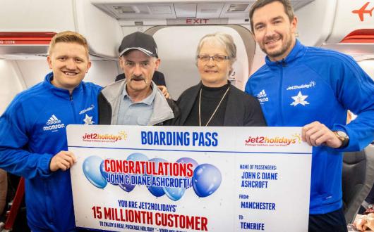 Sam Aston and Anthony Quinlan with Jet2holidays’ 15 millionth customers John and Diane Ashcroft
