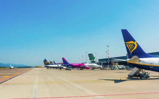 Ryanair and Wizz (pictured at Bergamo airport) have cut routes