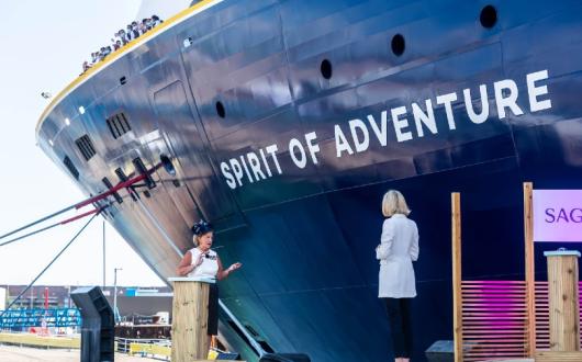 The ship's godmother, Commodore Inga Kennedy, formally named Spirit of Adventure on Monday (Credit: Saga Cruises)