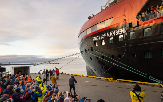 A chunk of ice was crushed against the hull of the vessel as opposed to the traditional bottle of Champagne (Credit: Espen Mills)