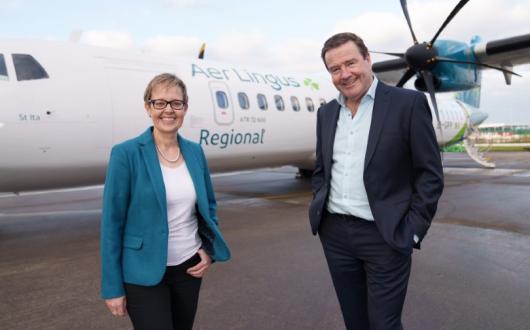 Aer Lingus' Lynne Embleton and Conor McCarthy from Emerald Airlines celebrate Air Lingus Regional flights going on sale