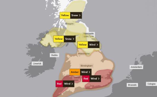 Two rare red weather warnings were issued on Friday 18 February (Credit: Met Office)