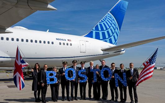 United employees and crew joined Bob Schumacher, UK and Ireland sales director, to welcome United Flight 24 from Boston to Heathrow