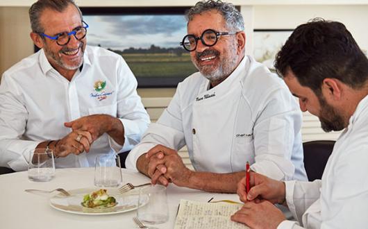 Chef Mauro Uliassi (centre) will work closely with Explora Journeys' head of culinary, Franck Garanger (left) 