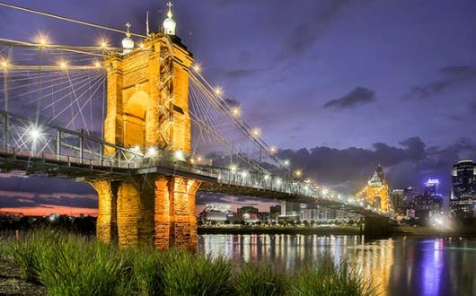 The Roebling Suspension Bridge spans the Ohio River 
