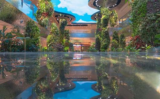 Changi T2 is home to a sparkling, reflective pond platform