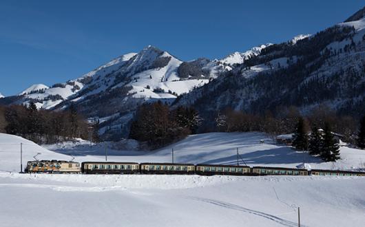 The cheese train travels along the GoldenPass-MOB scenic route 