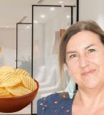 A bowl of crisps and a smiling a brunette woman in front of a medical clinic 