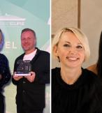 Split image, first of two men holding trophies and second of two women smiling