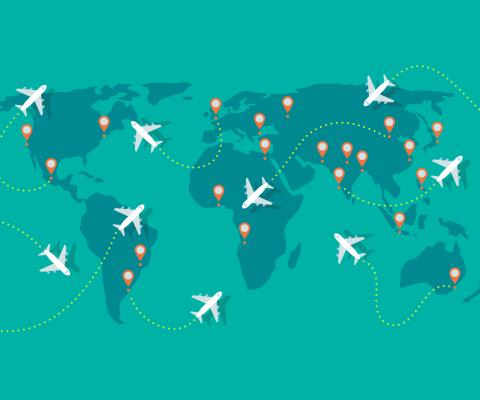 World map showing air routes connecting major destinations
