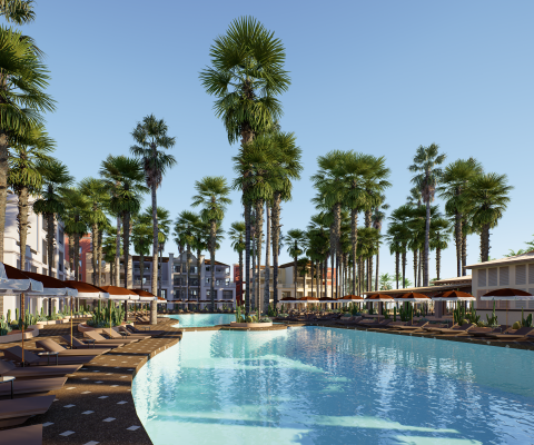 Pool area with sunbeds and palm trees 