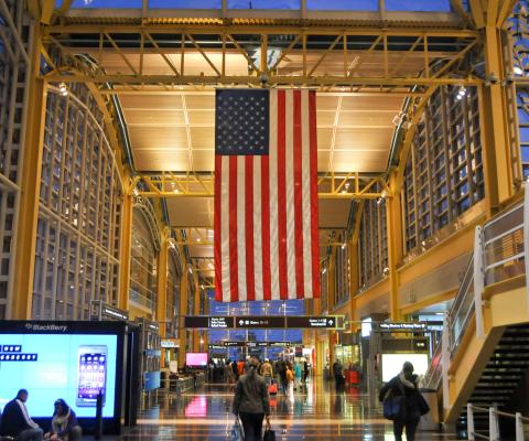A US flag hanging in the terminal building of Washington National Airport