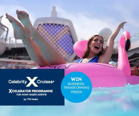 Woman sitting in pink inflatable flamingo in pool