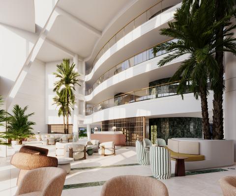 Artist impression of new hotel lobby, with white balconies and trees