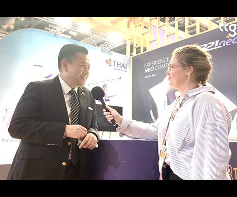 Thai Airways chief commercial officer being interviewed by TTG journalist Jessica Reid