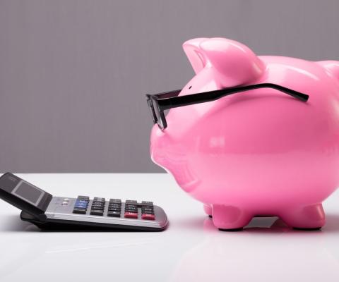 A biggybank pig wearing spectacles looking at a calculator