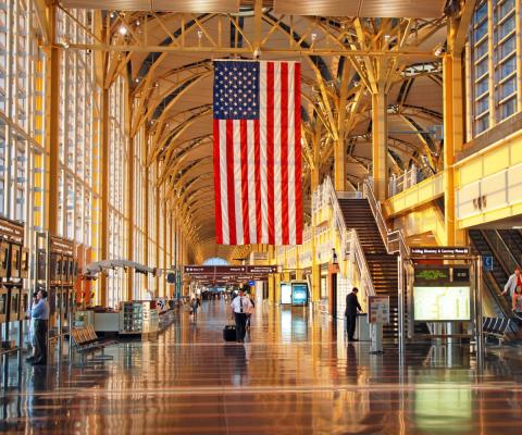 Ronald Reagan Washington National airport with US flag draped