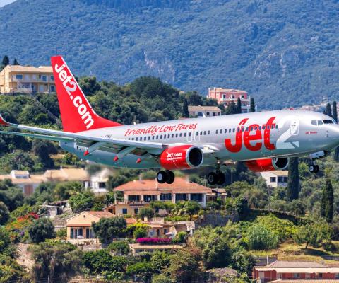 A Jet2 plane taking off in Corfu, Greece
