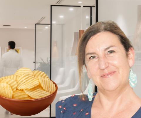 A bowl of crisps and a smiling a brunette woman in front of a medical clinic 