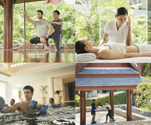 Clockwise from top left: Neuromuscular Exercise; Chi Nei Tsang; Thai Boxing; H2O Body Complex